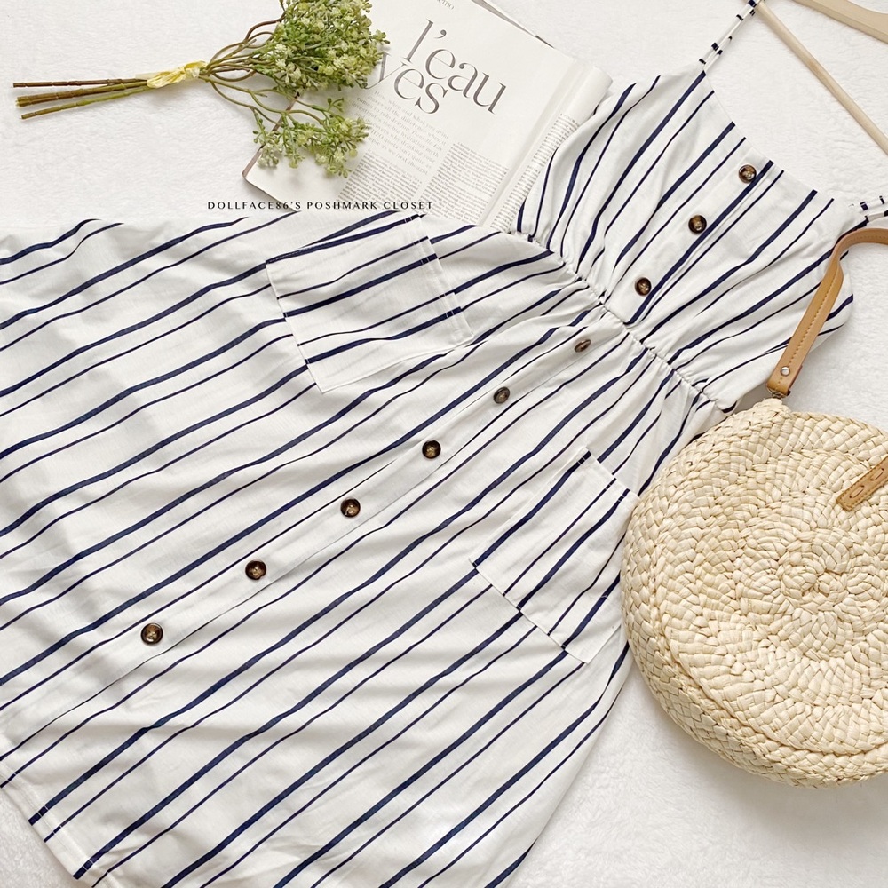 White & Blue Stripe Button Down Front Style Sundr… - image 1